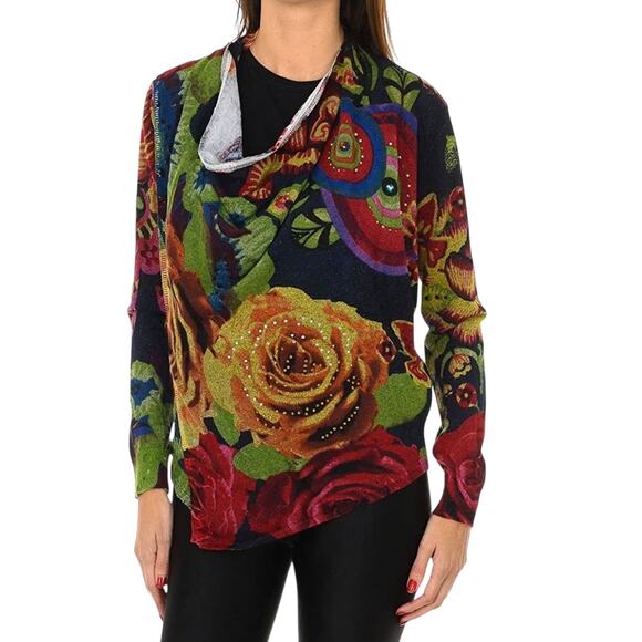 Desigual Beni Cardigan Sweater Women M Multicolor Floral Asymmetrical Boho Artsy - Picture 1 of 15